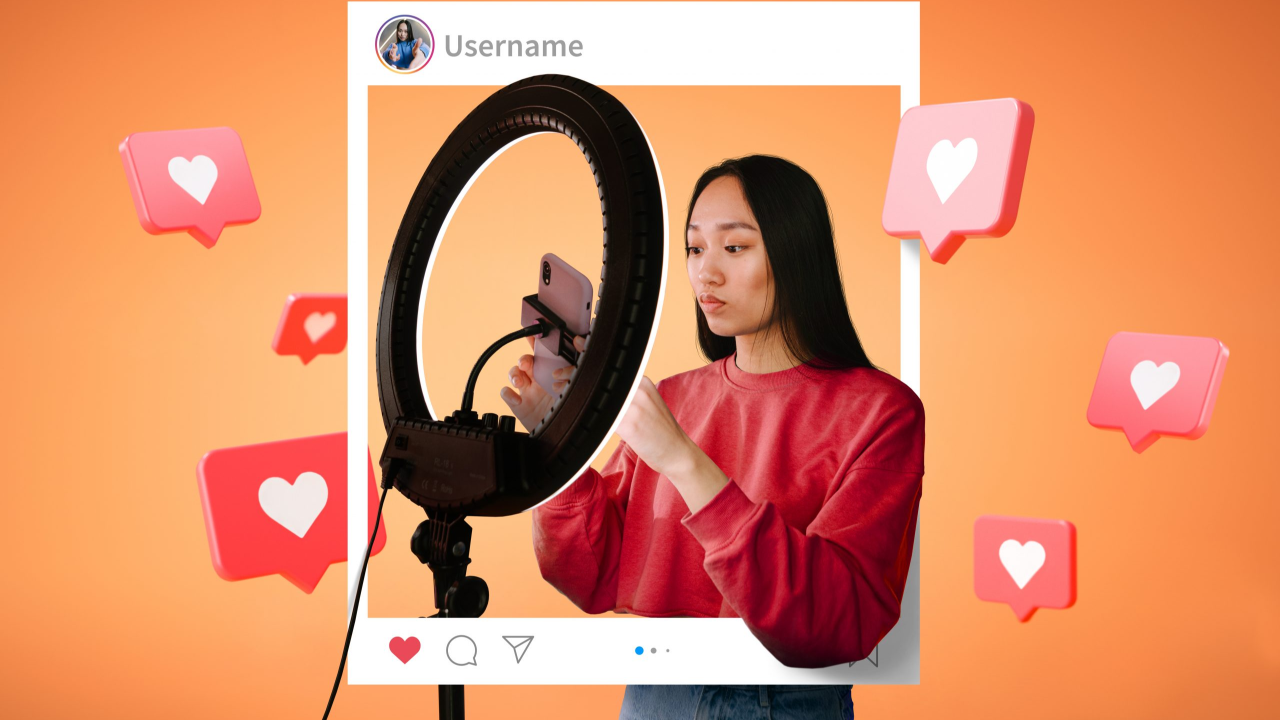 Fotomontaje de una influencer ganando likes mientras se graba